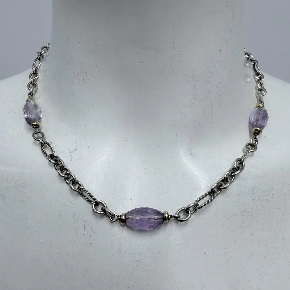 David Yurman Sterling 18K Gold Amethyst Bijoux Figaro Necklace 21 Grams 17